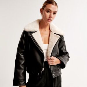 ABERCROMBIE | Women's Black Faux Leather Jacket with Cream Collar